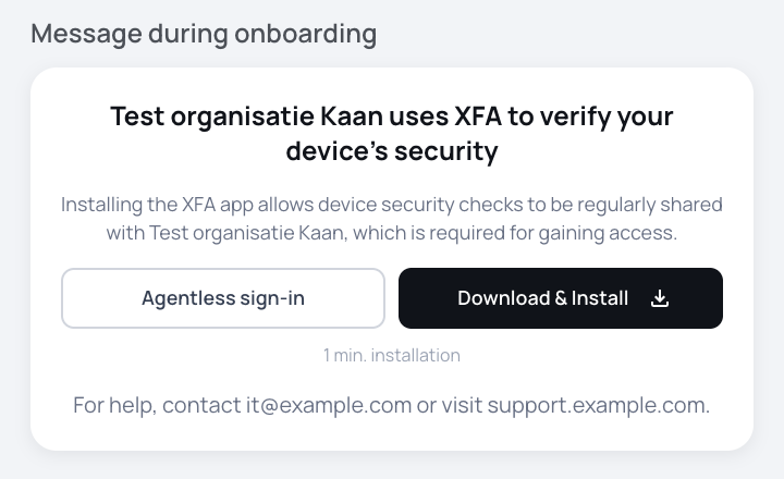 Voorbeeld van het venster "Add custom message" met voorbeeldtekst onderaan de onboardingkaart