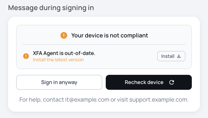 Voorbeeld van het venster "Add custom message" met voorbeeldtekst onderaan de aanmeldkaart