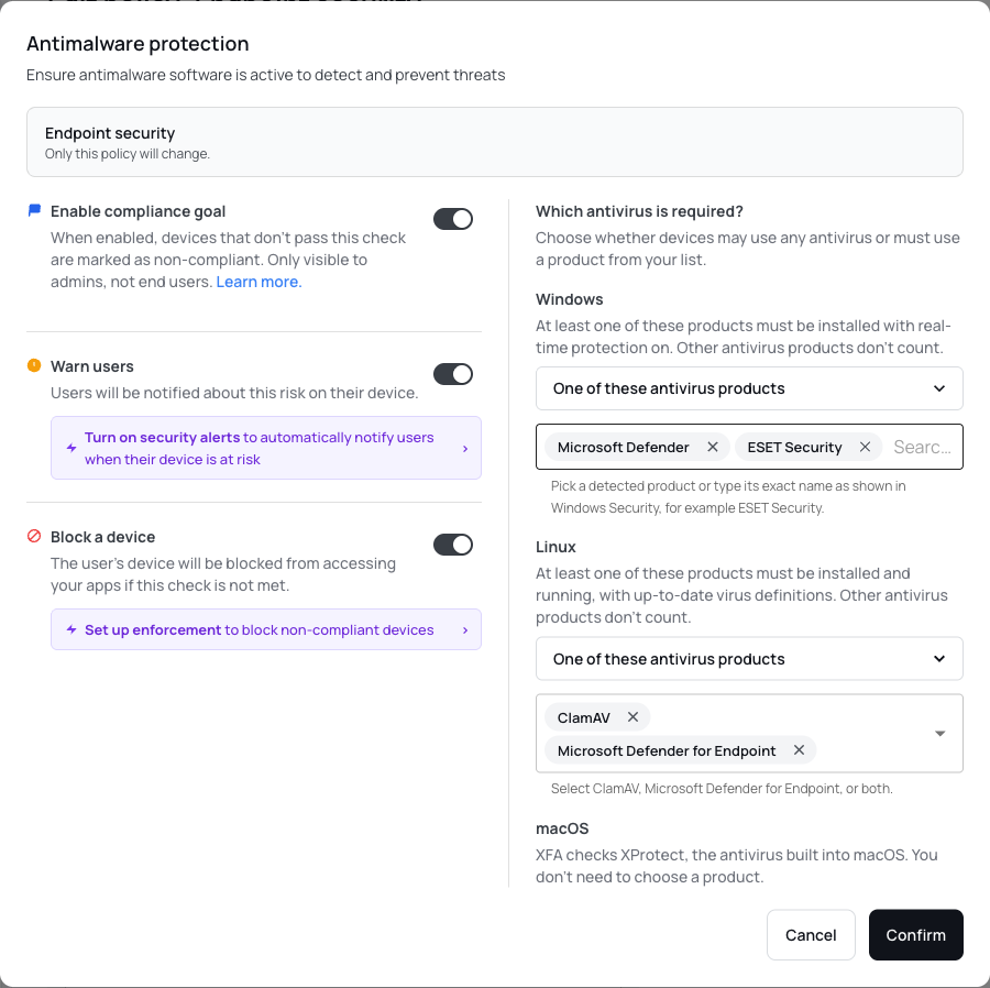 Antivirusbeleidsinstellingen met geselecteerde Windows-producten en de keuze tussen een willekeurig antivirusproduct en een van de geselecteerde producten