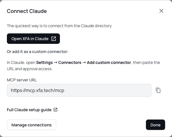 XFA-verbindingsvenster voor Claude, met de optie voor de connectorcatalogus en het MCP-serveradres